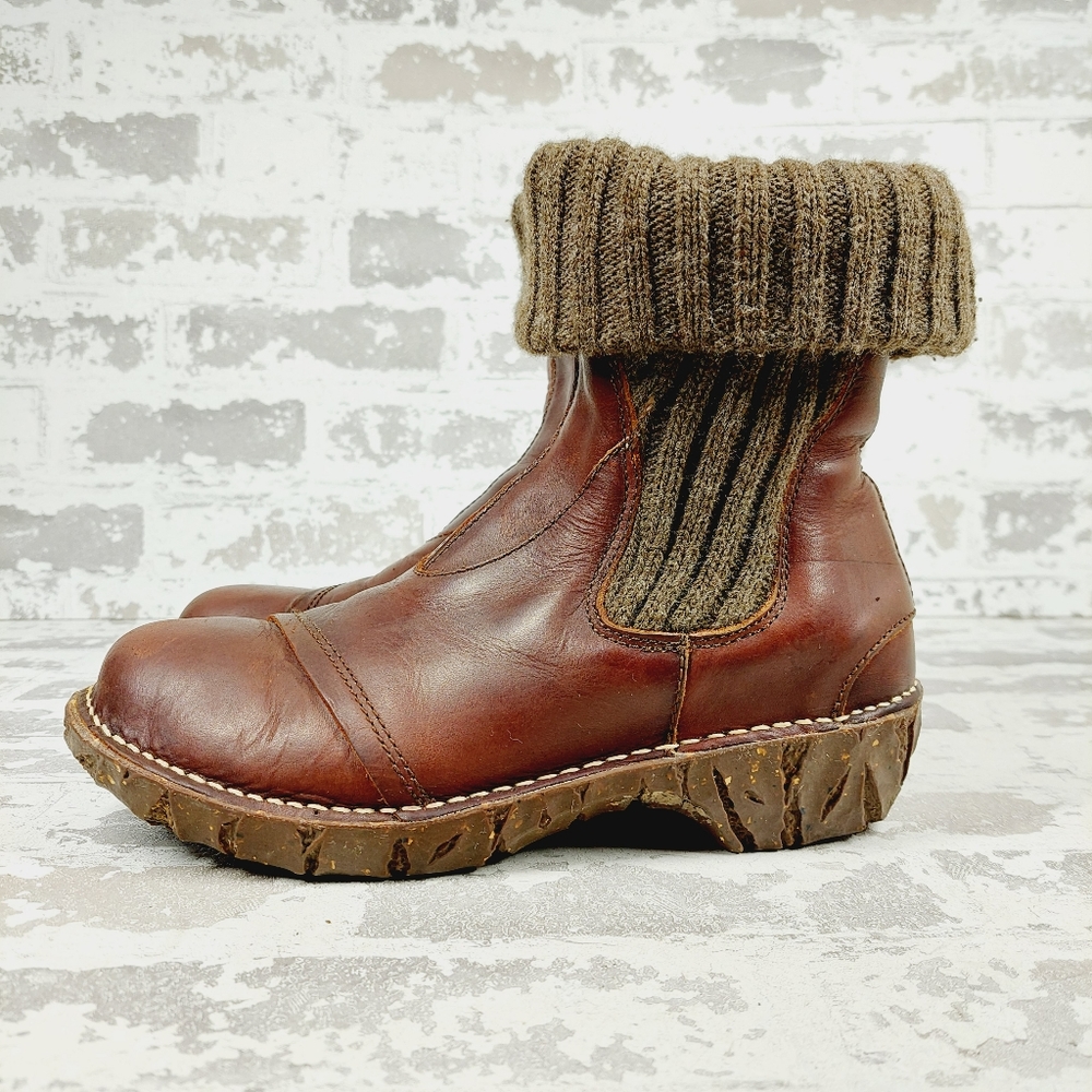 El Naturalista Roll Knit Top Slip On Brown Leather Ankle Boots F533